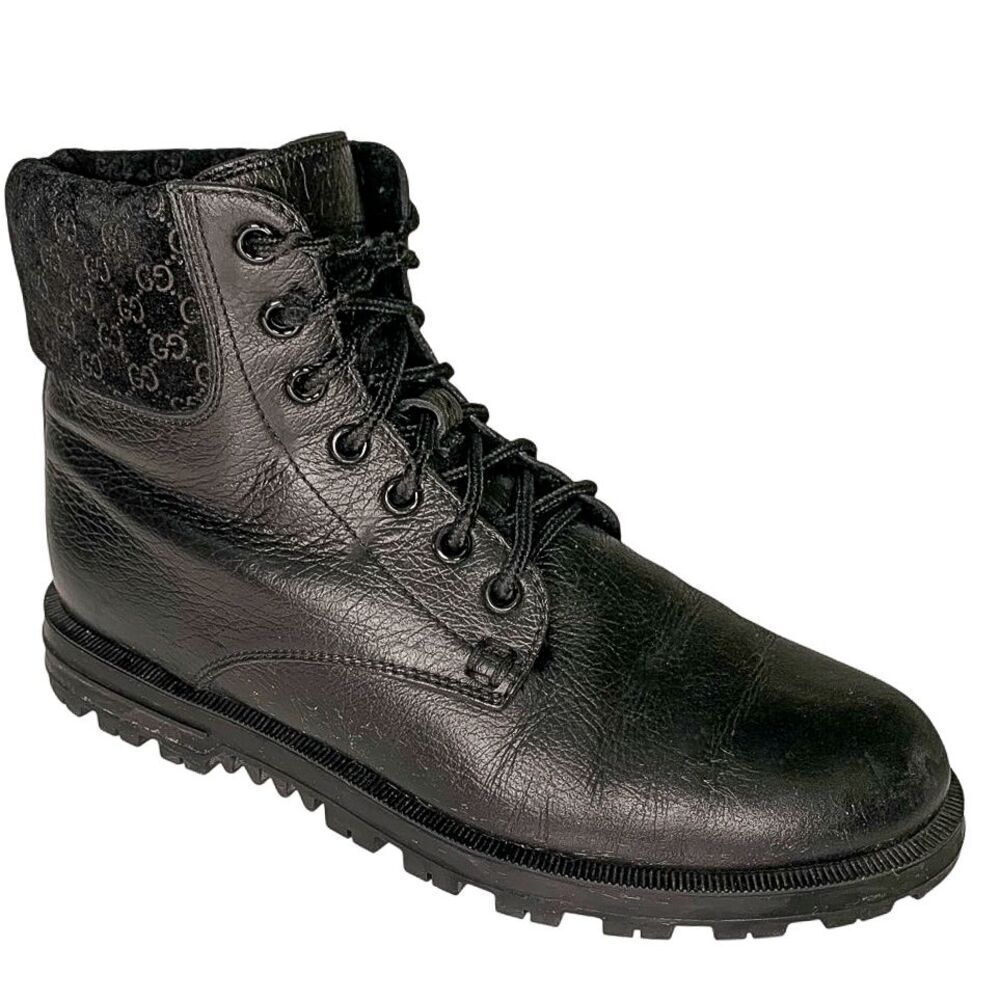 Gucci Fur Lined Combat Boots EU 37 US 7 Black Leather Lace Up MicroGG Guccissima